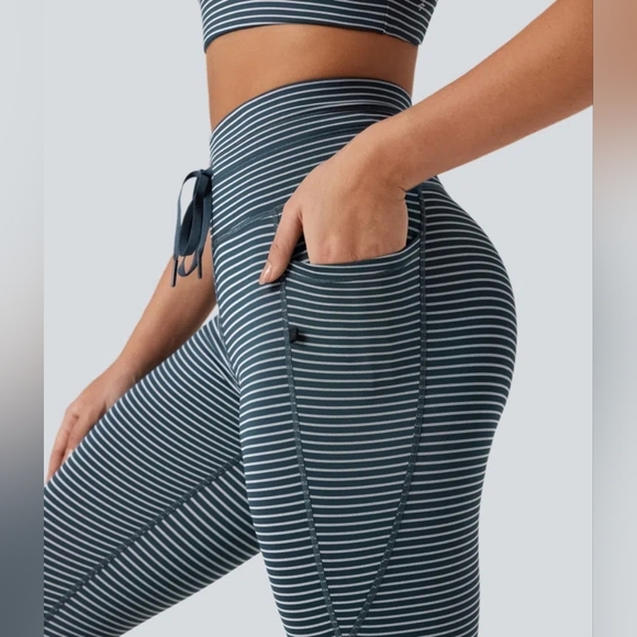 HALARA High Waisted Drawstring Striped Pocket Leggings Oceanic Teal NWT Medium - Picture 6 of 16